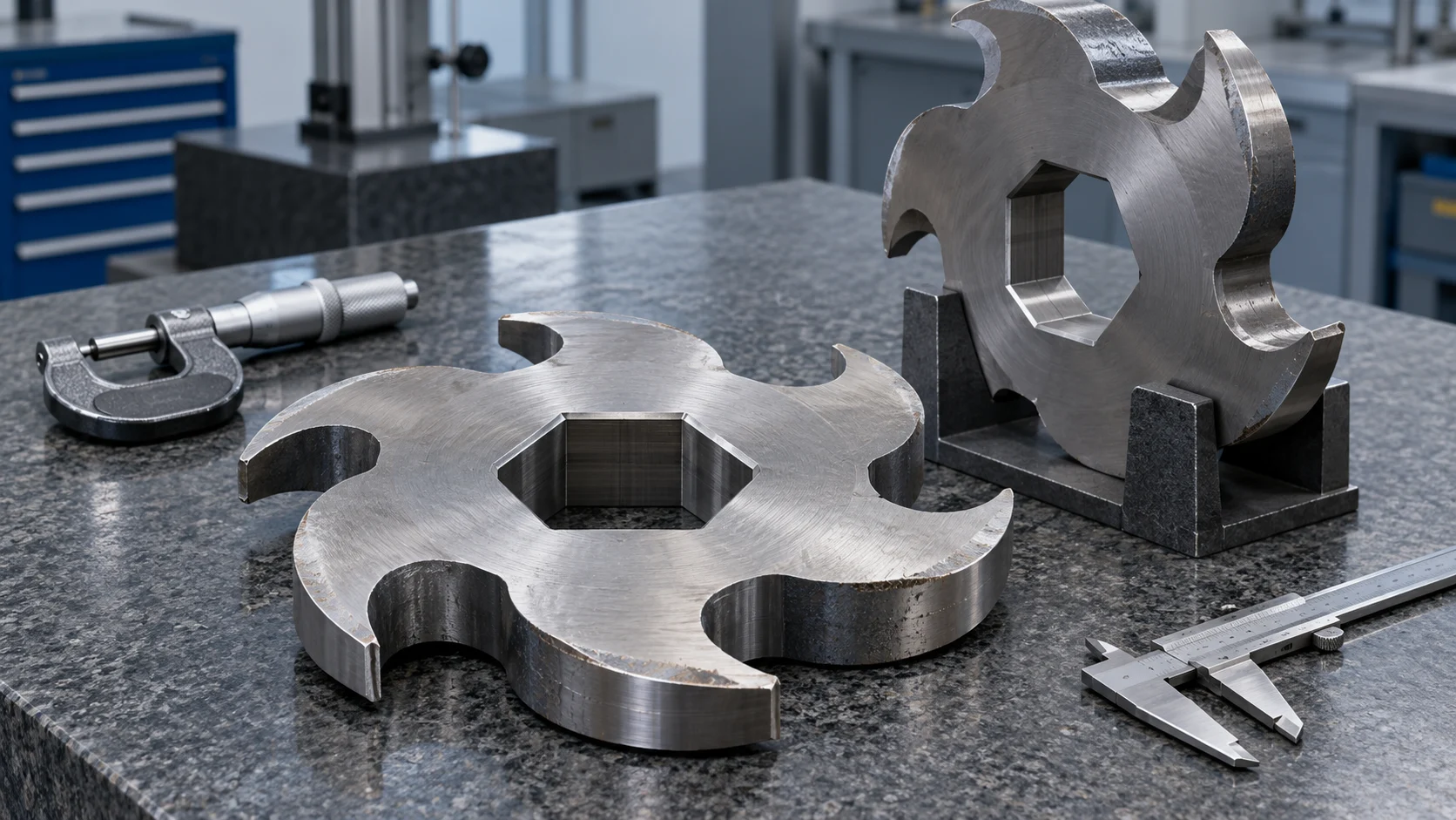 Shredder cutter with a hexagonal bore and inspection tools on a granite table