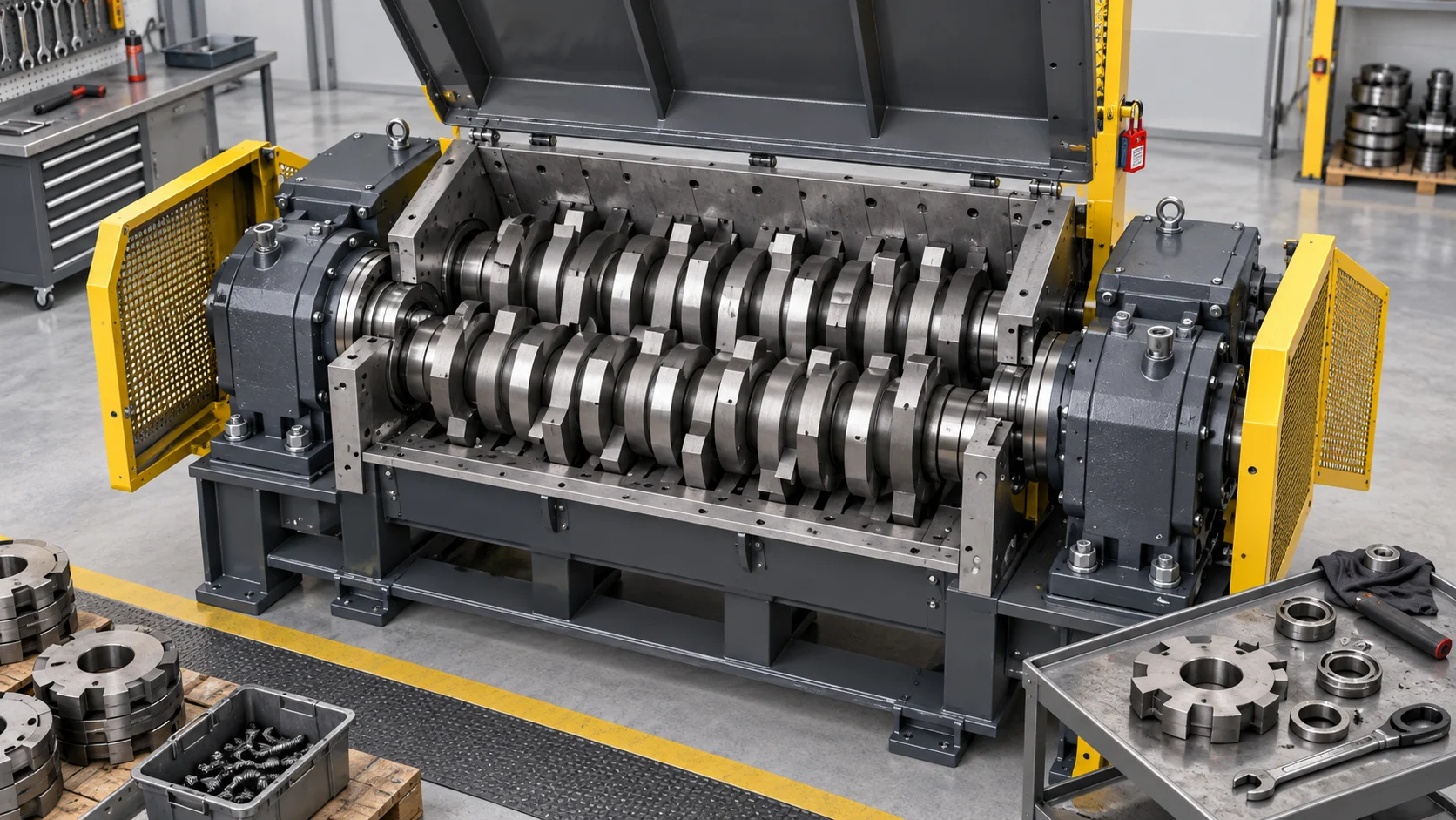 Generic double-shaft shredder cutter-stack maintenance concept illustration