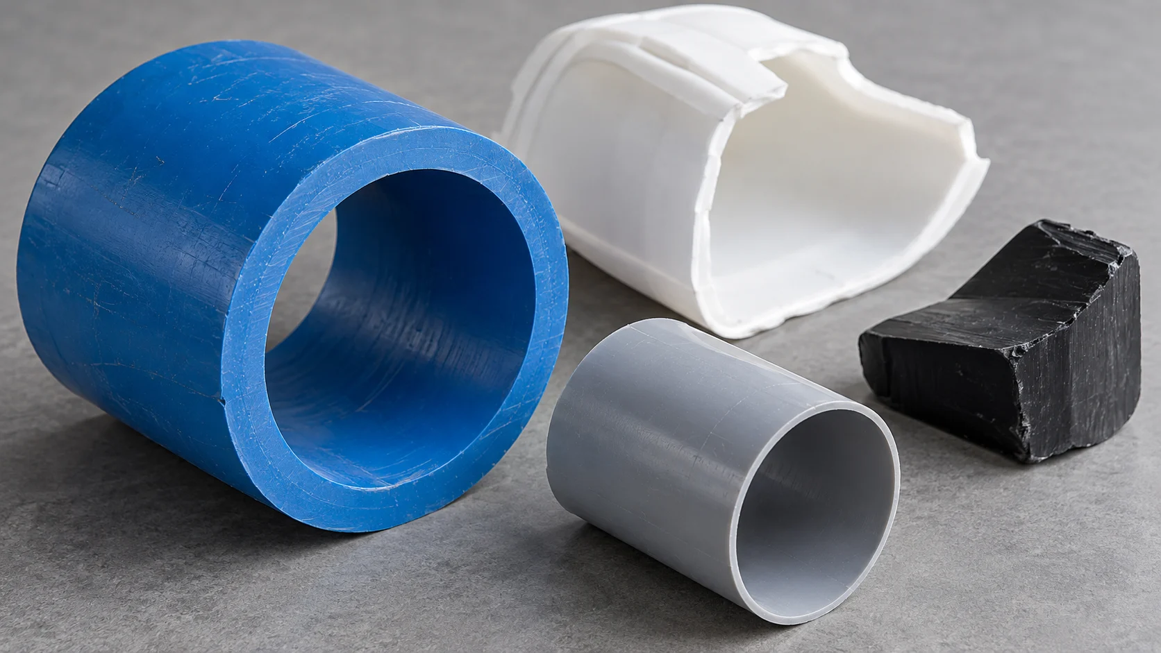 Plastic pipe cross-sections, a hollow container offcut and a solid plastic block