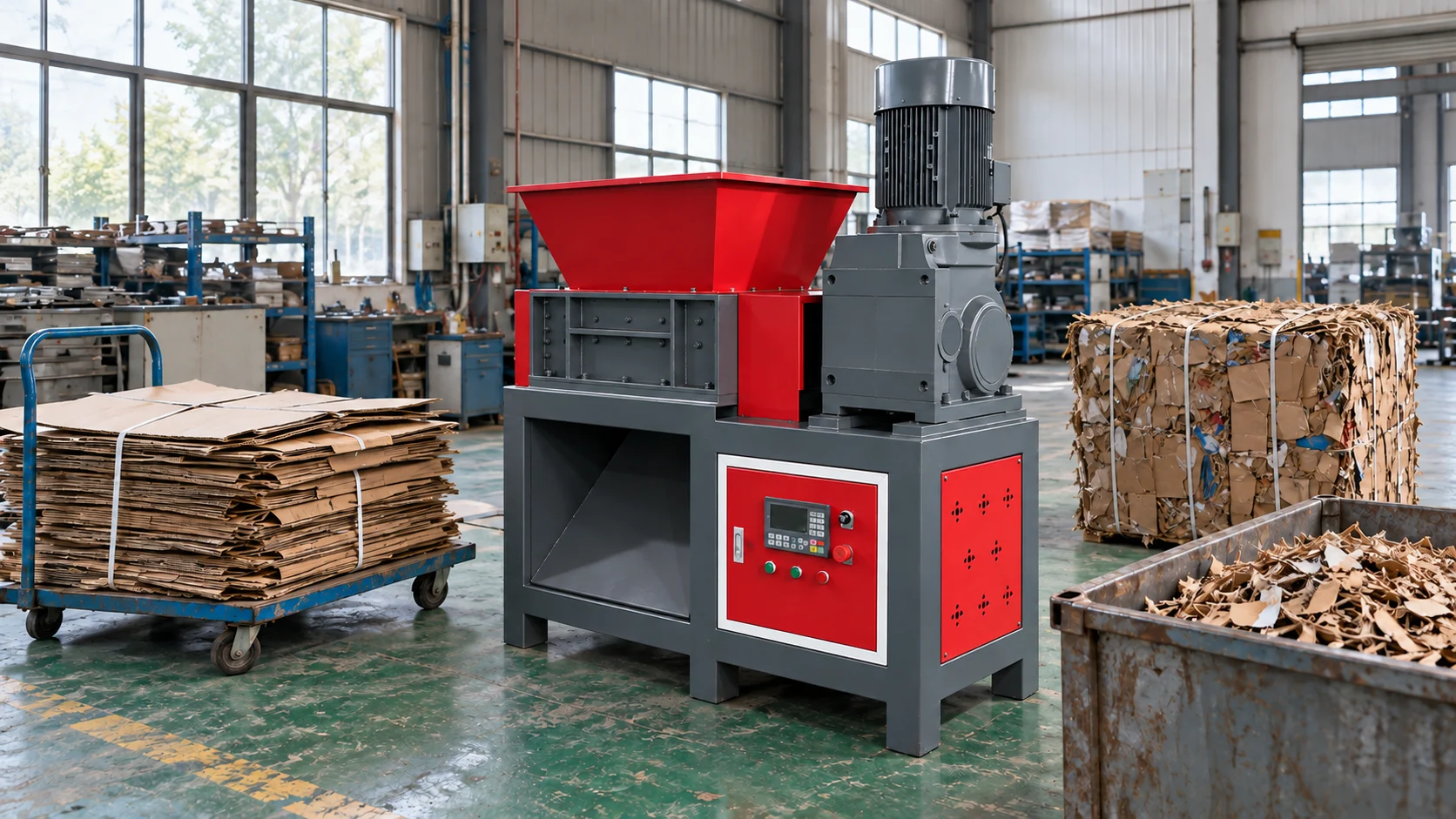 Nanjing Dete - Industrial cardboard shredder beside flattened cartons, a cardboard bale and a collection bin