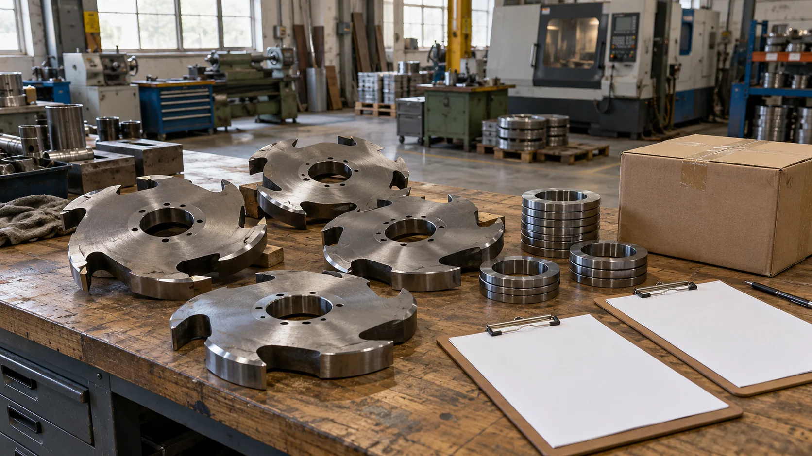 Nanjing Dete - Shredder cutter discs, spacer rings and blank quotation sheets on a factory purchasing desk