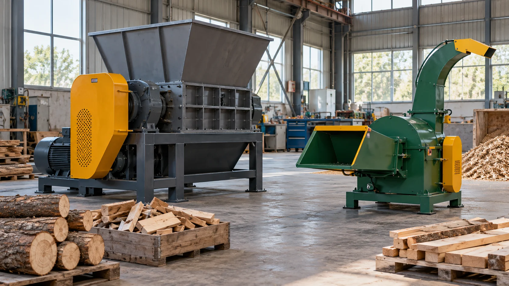 Nanjing Dete - An industrial wood shredder and a guarded wood chipper in a machinery workshop