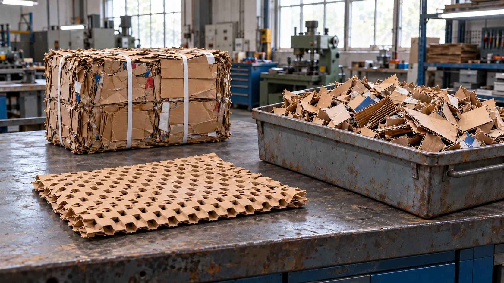 Comparison of a cardboard bale, coarse shredded pieces and a perforated mat on a bench