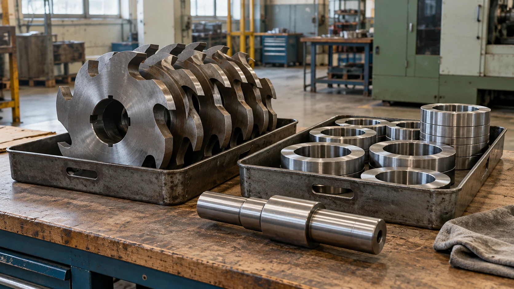 Matched cutter discs and spacer rings arranged in separate trays on a workshop bench