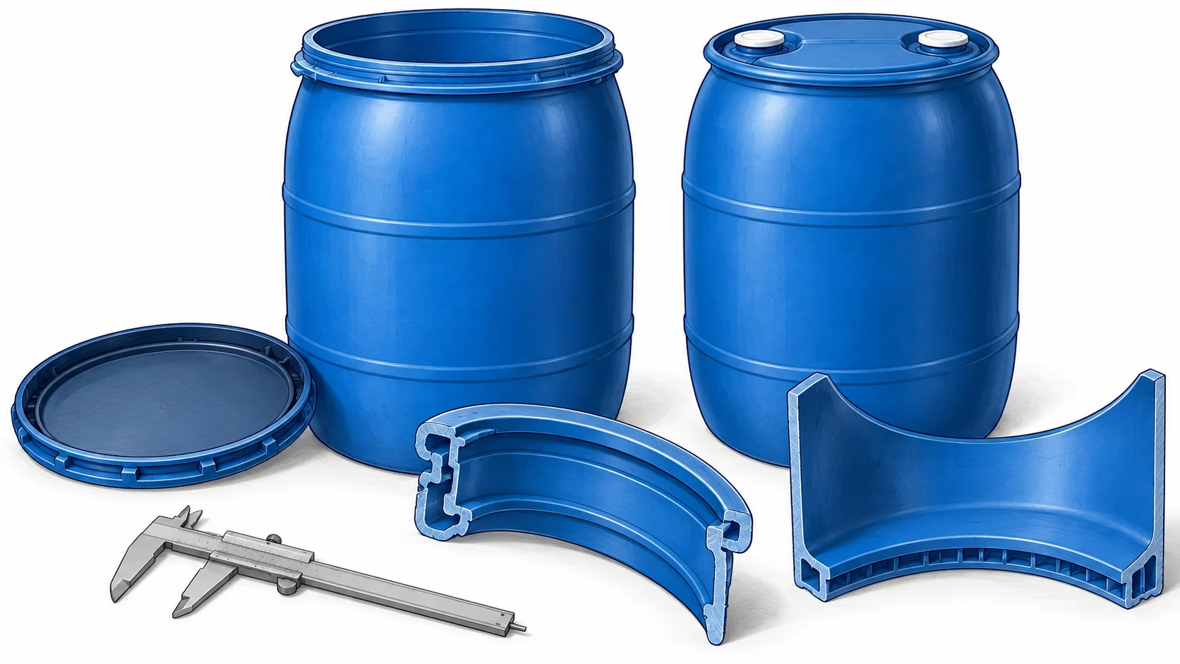 Open-head and closed-head plastic drums with a separate lid and cutaway rim and base sections