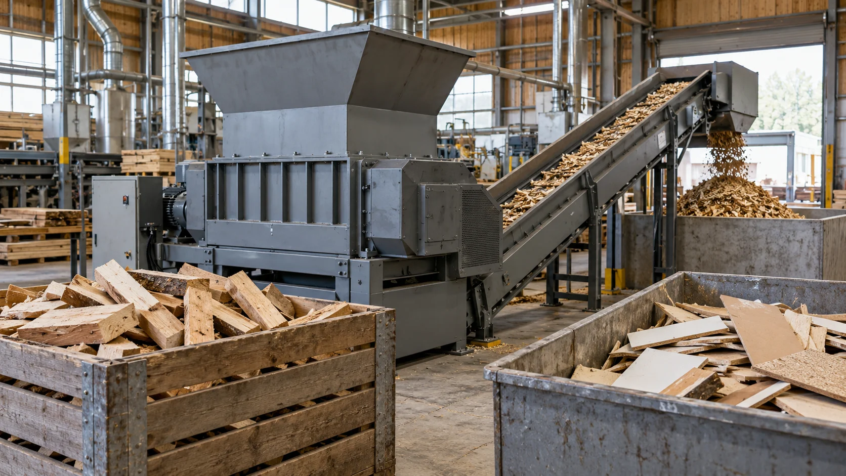 A guarded industrial shredder beside sorted timber offcuts and panel waste