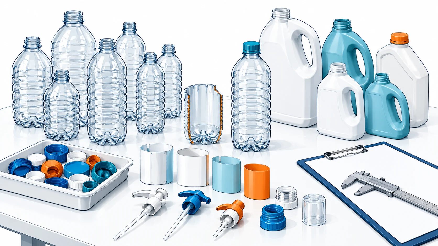 Botellas de plástico transparentes y opacas con tapones, fundas para etiquetas y componentes de la bomba separados, colocadas sobre una mesa de inspección