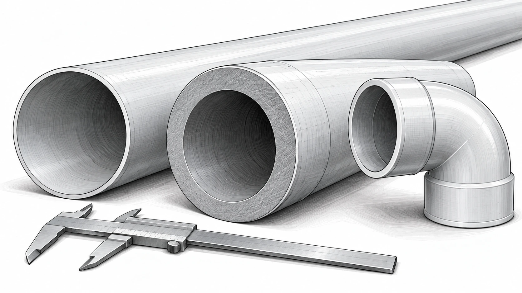 Industrial line illustration of long pipe, thick and thin pipe cross-sections, and an elbow for comparing feed geometry