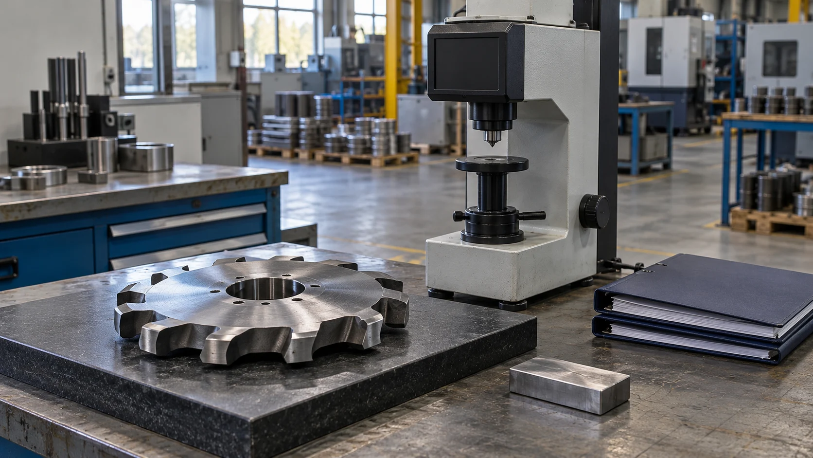 A shredder cutter sample beside an idle hardness tester and blank inspection folders