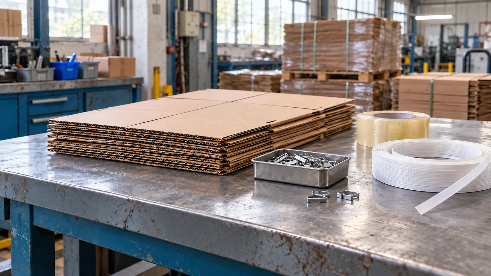 Corrugated cardboard with separate tape, strapping and staples on an inspection bench