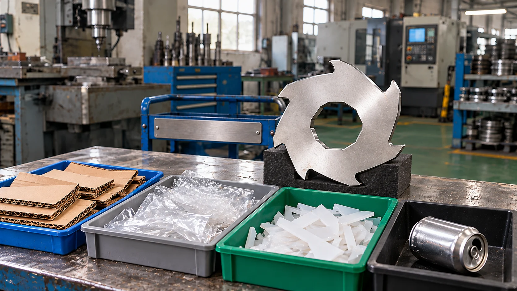 Separate cardboard, film, rigid offcuts and can samples beside a cutter