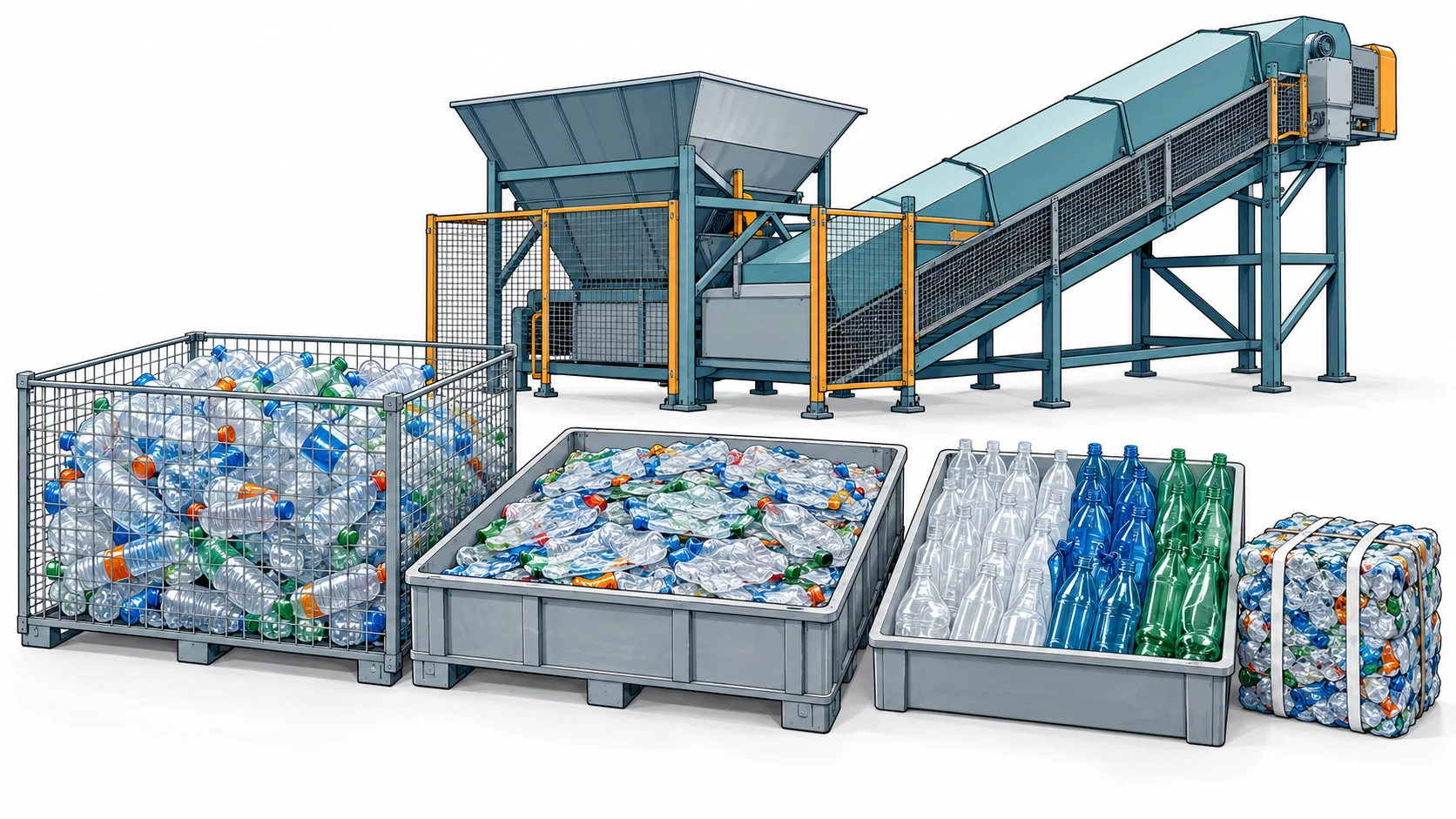 Ilustración de botellas de plástico sueltas, aplastadas y empaquetadas junto a una tolva vigilada y una cinta transportadora