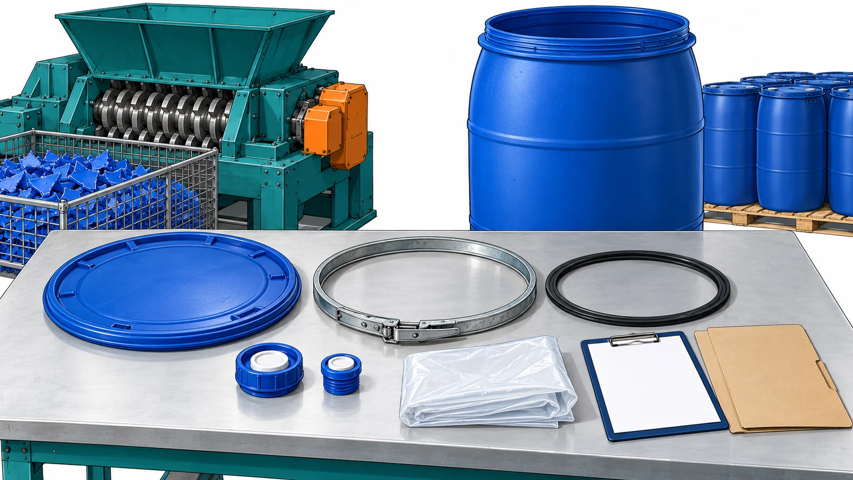 Plastic drum lid, metal closing ring, gasket, bungs and liner arranged beside a blue drum body