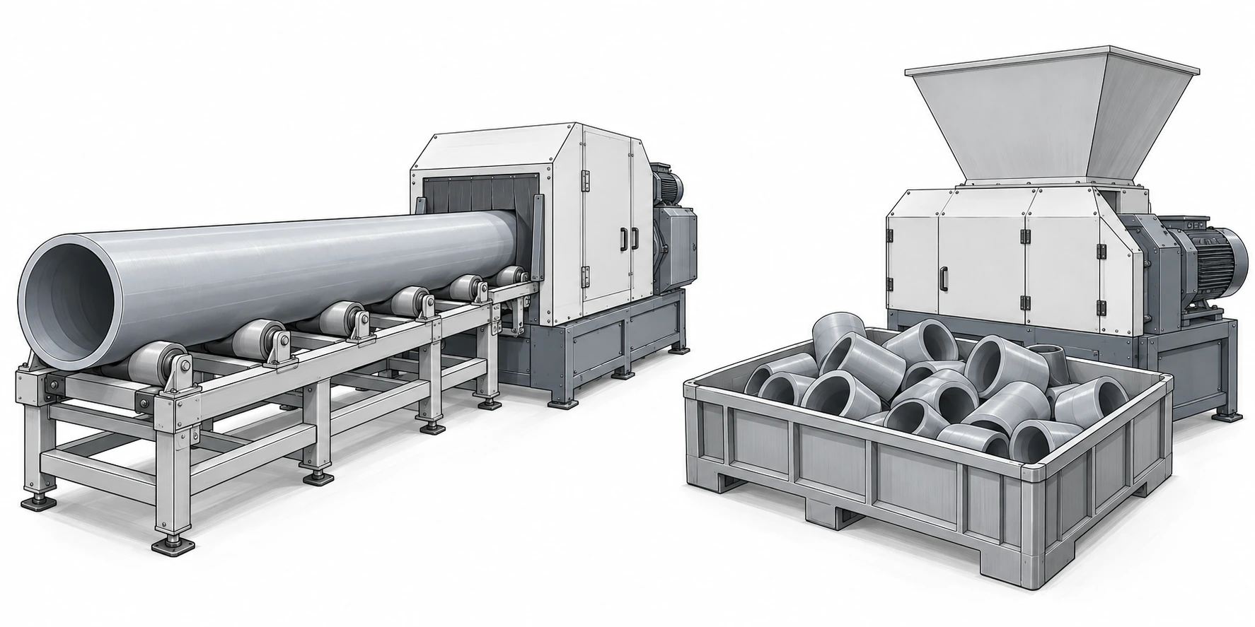 Line illustration comparing a supported long pipe feed arrangement with a bin of prepared pipe offcuts