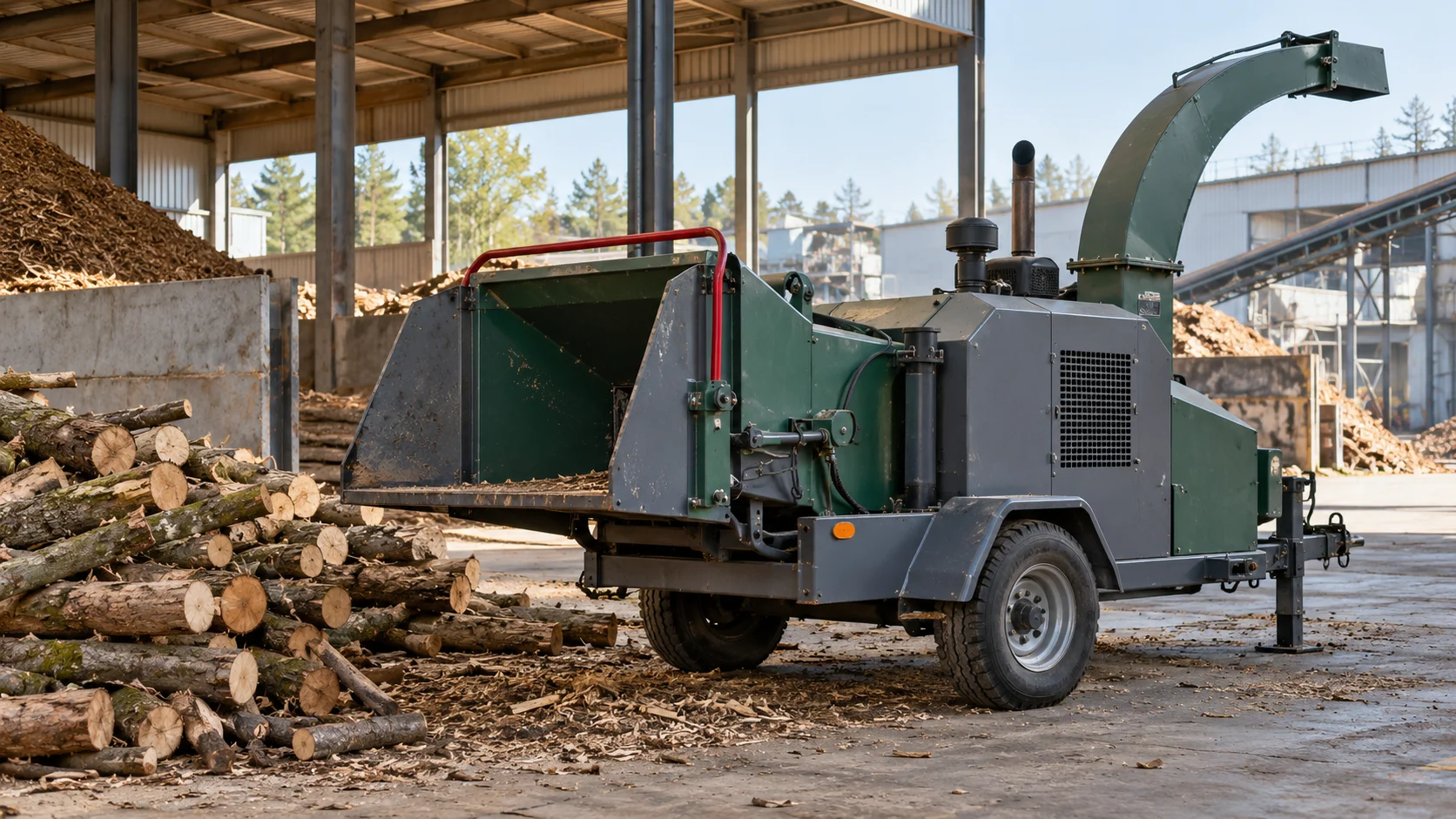 A stationary wood chipper beside clean branches and short logs in a covered timber yard