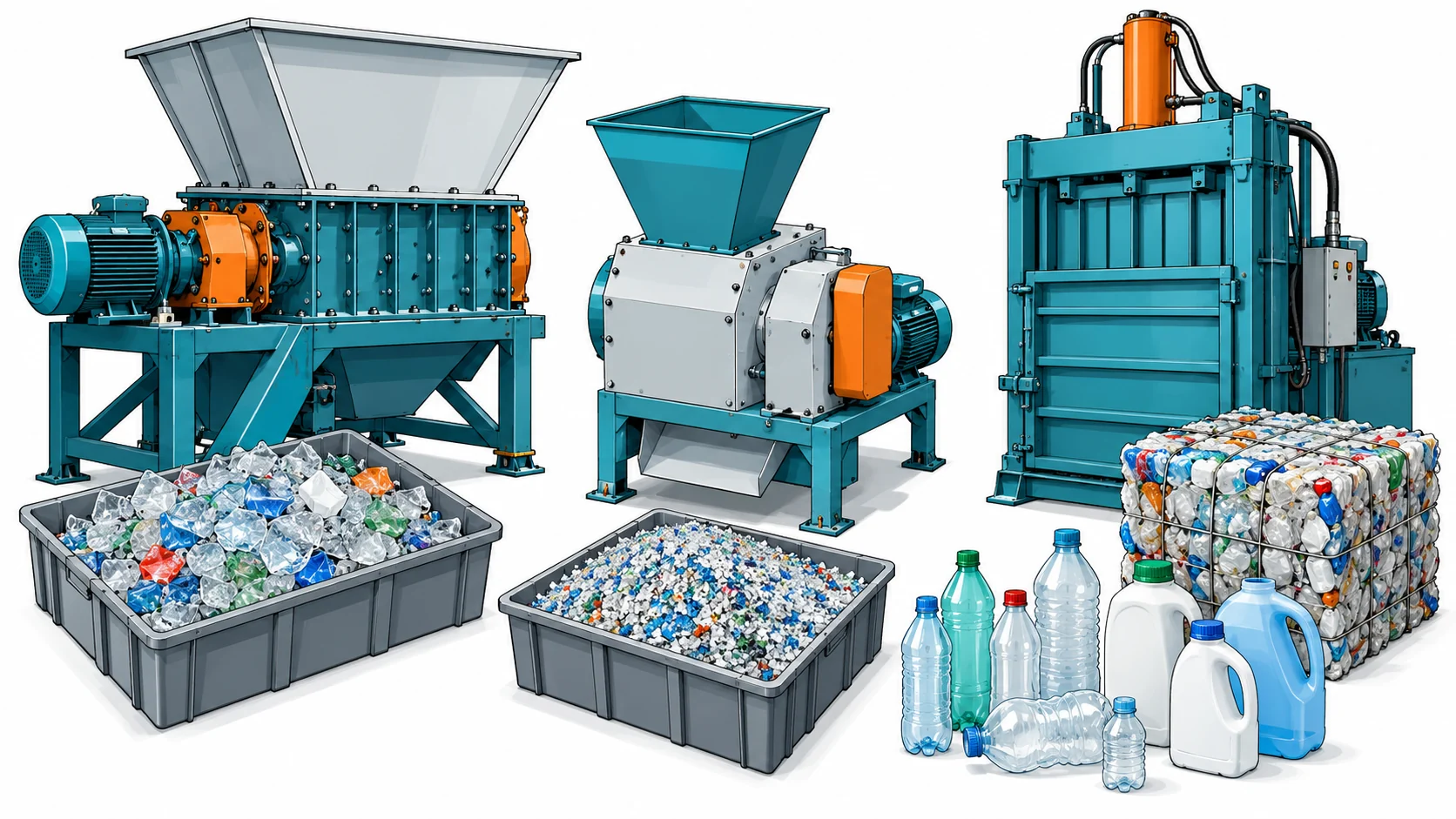 Ilustración conceptual en la que se comparan una trituradora de botellas, un granulador y una compactadora con las diferentes formas que adoptan los materiales