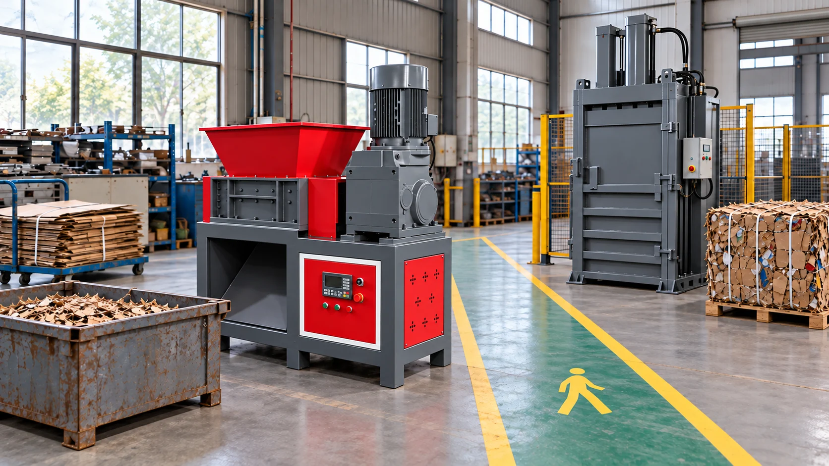 A shredder and a separate unbranded baler with storage and walking space