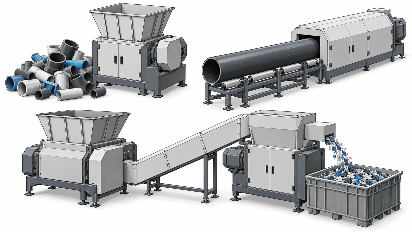 Line illustration of prepared pipe sections, a supported long-pipe feed arrangement, and shredding followed by granulation