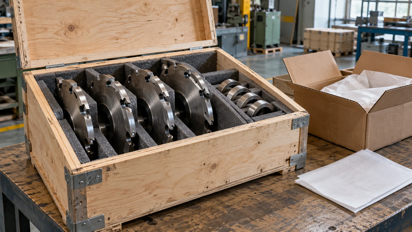 Cutter discs and spacer rings protected in a plain shipping crate beside packing materials