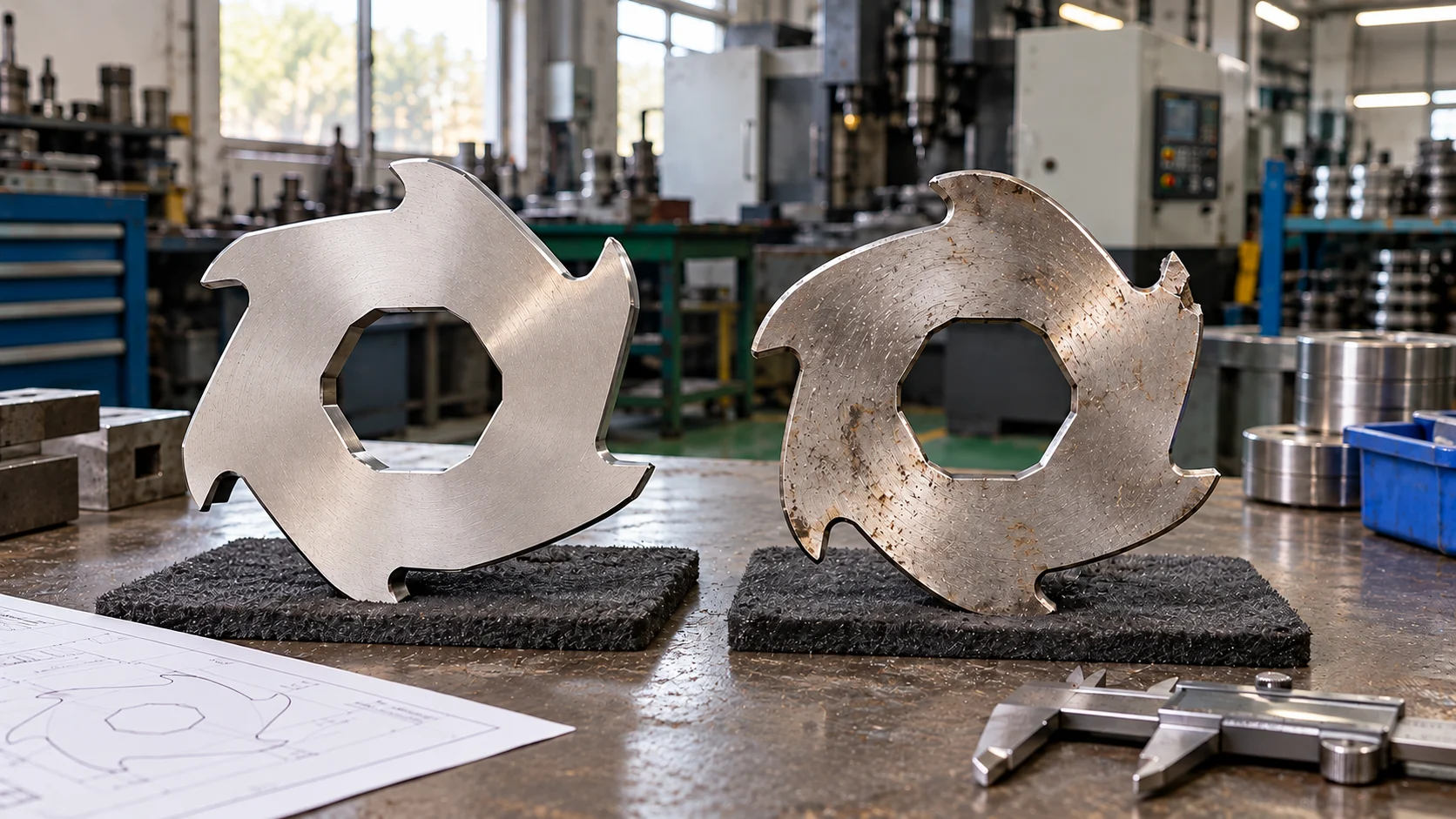 Comparison of an intact cutter with a worn and chipped sample
