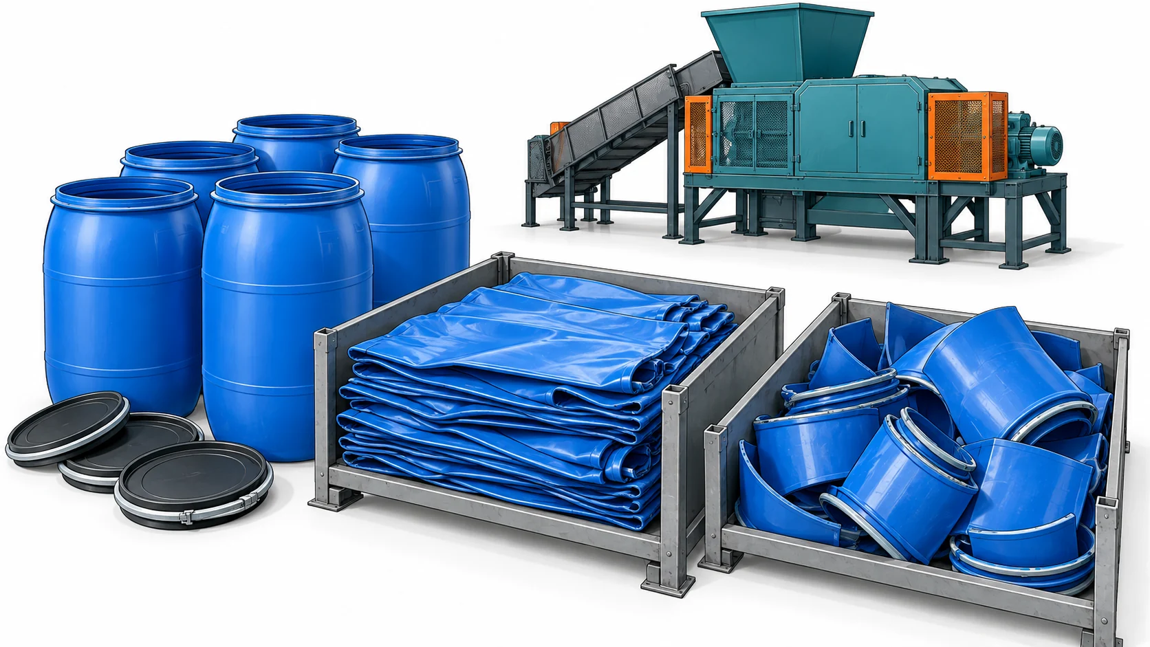 Whole plastic drums, flattened blue material and curved drum sections arranged as different feed conditions