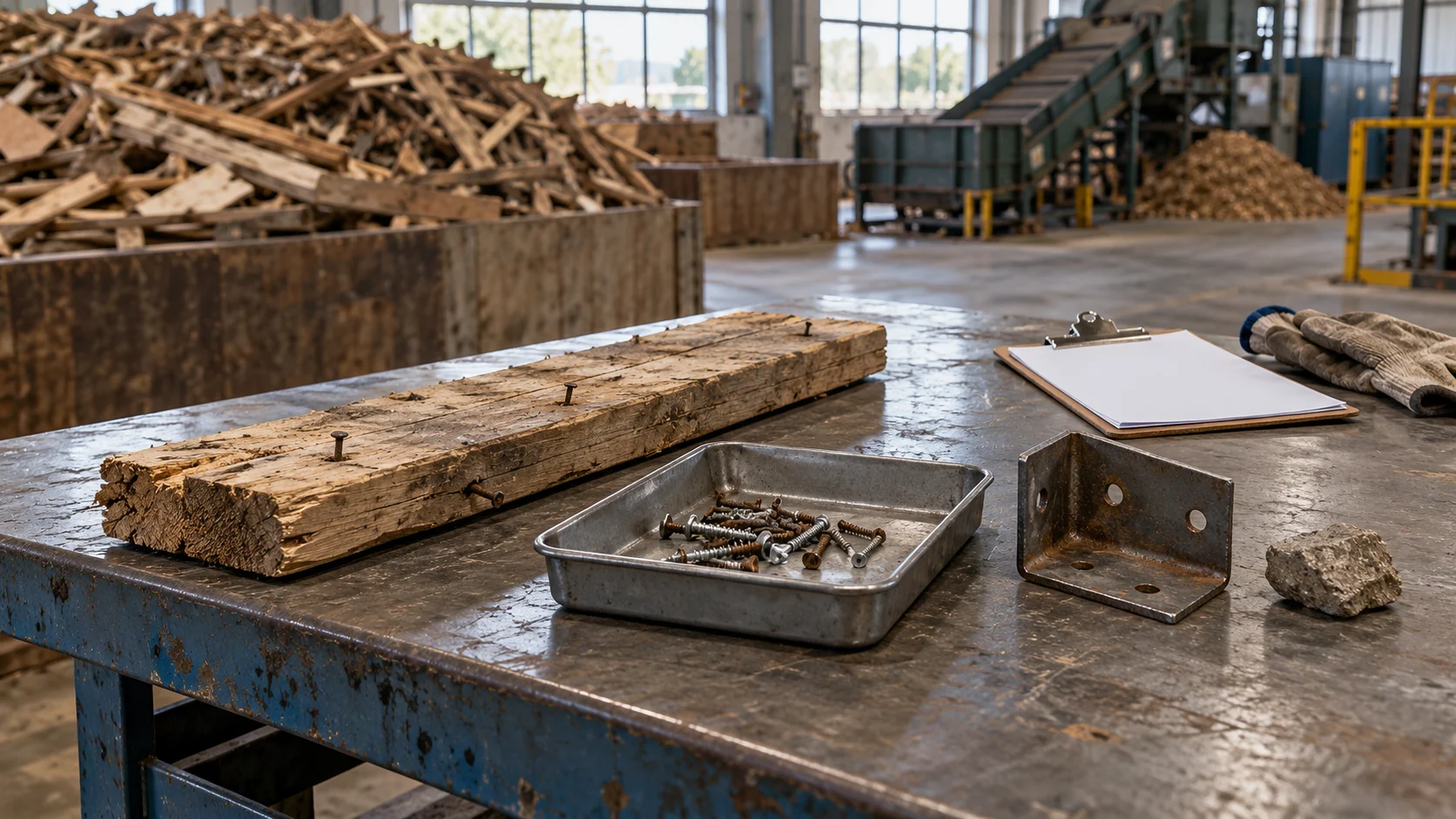 Timber with embedded nails beside separate screws, a metal bracket and a stone