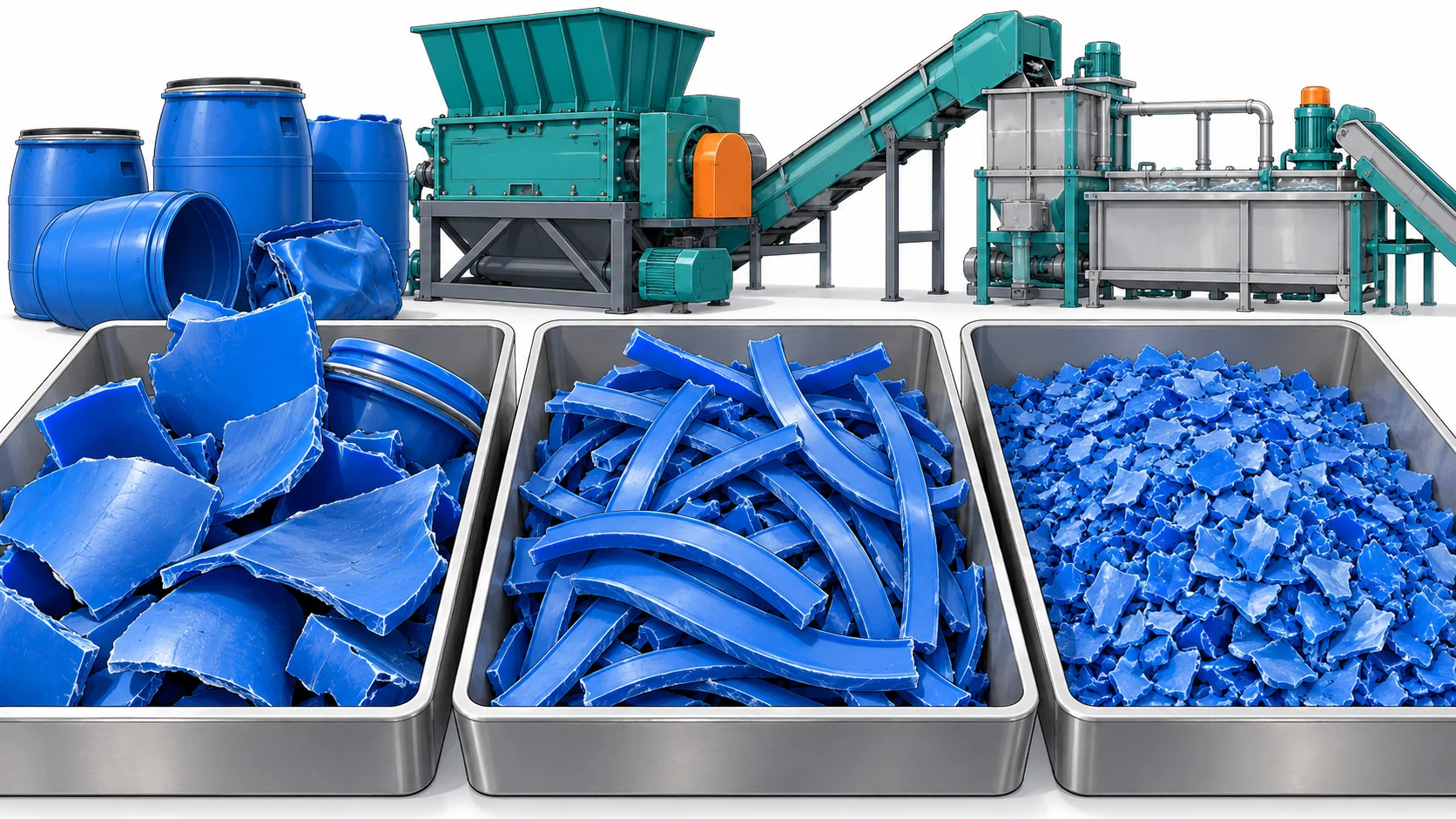 Trays of curved drum fragments, long blue strips and finer regrind with processing equipment in the background