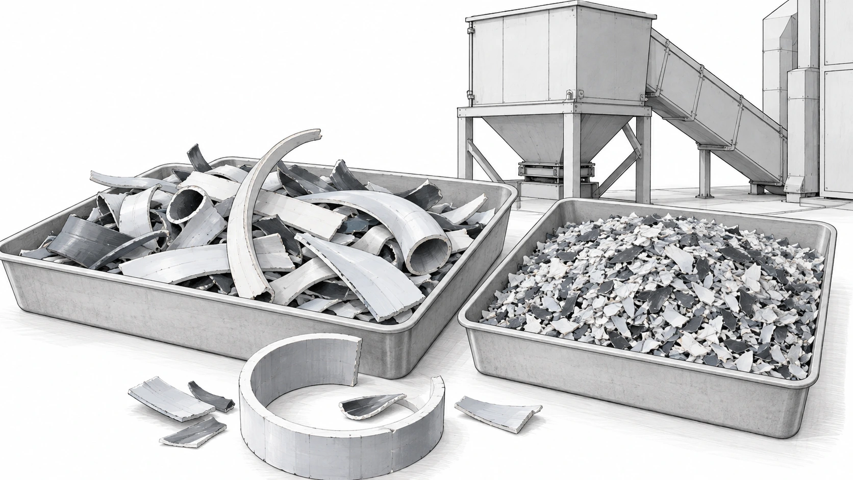 Line illustration comparing irregular shredded pipe pieces with finer regrind beside a receiving hopper
