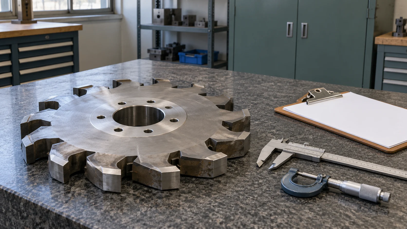 A hooked cutter disc with a caliper, micrometer and blank dimensional review sheet
