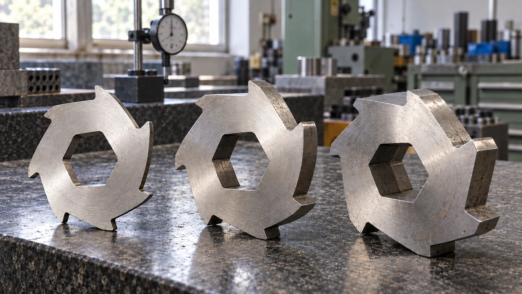 Shredder cutters with different body thicknesses on an inspection plate