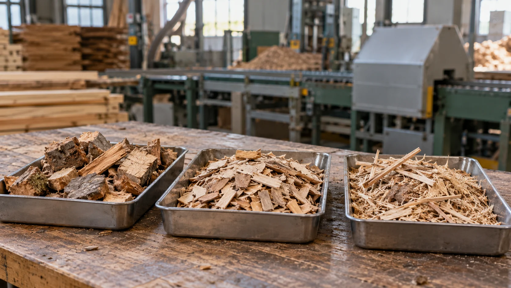 Separate trays of coarse wood fragments, chips and long slivers on a workshop bench