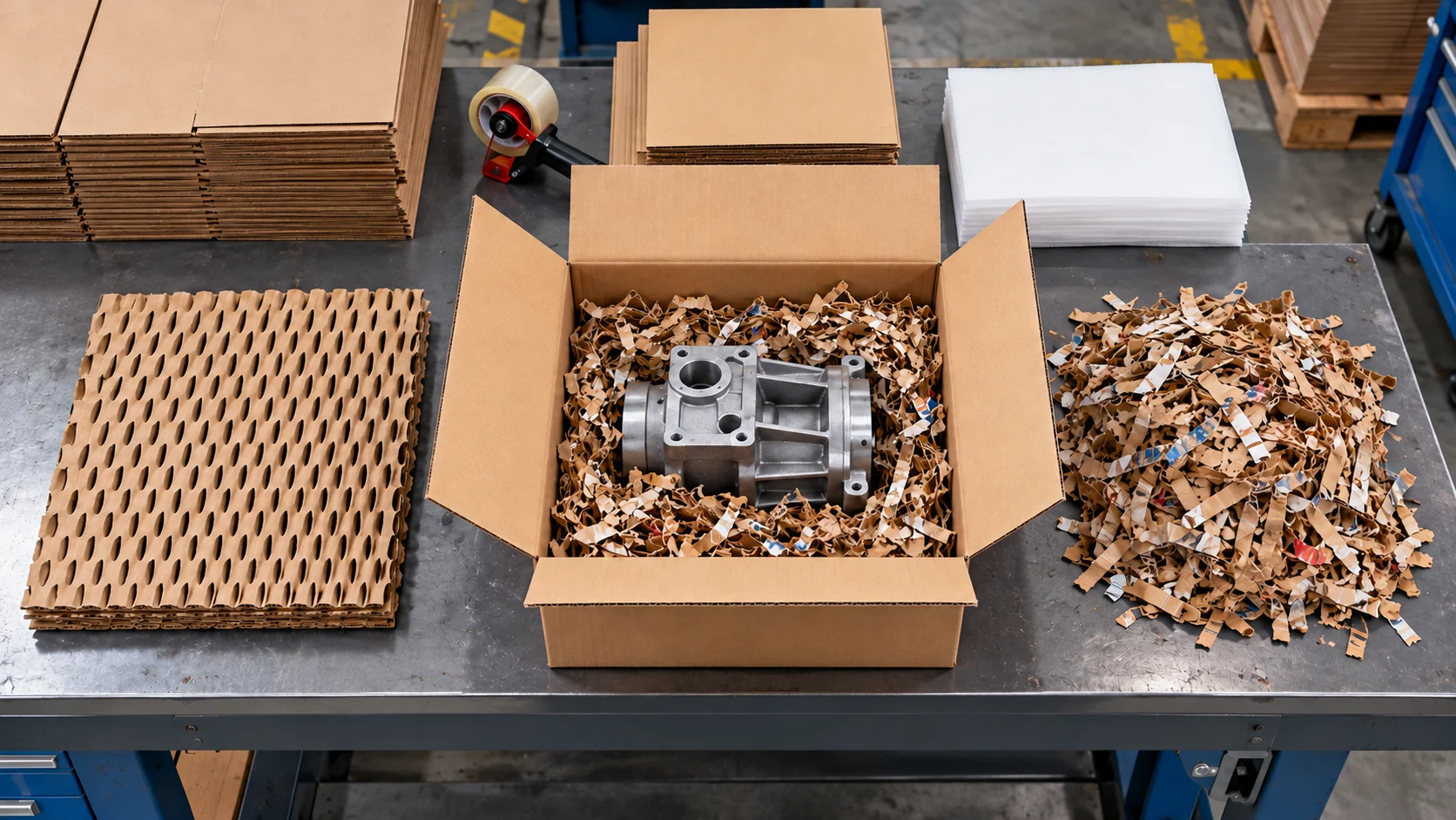 Cardboard packing samples and an unbranded metal component on a packing bench