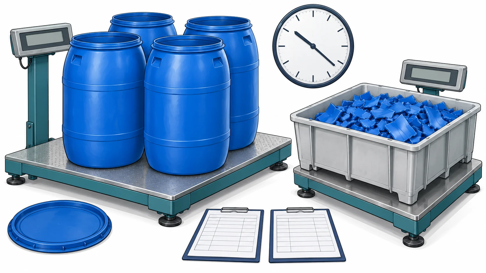 Whole blue drums and plastic fragments on separate scales beside a clock and blank recording sheets