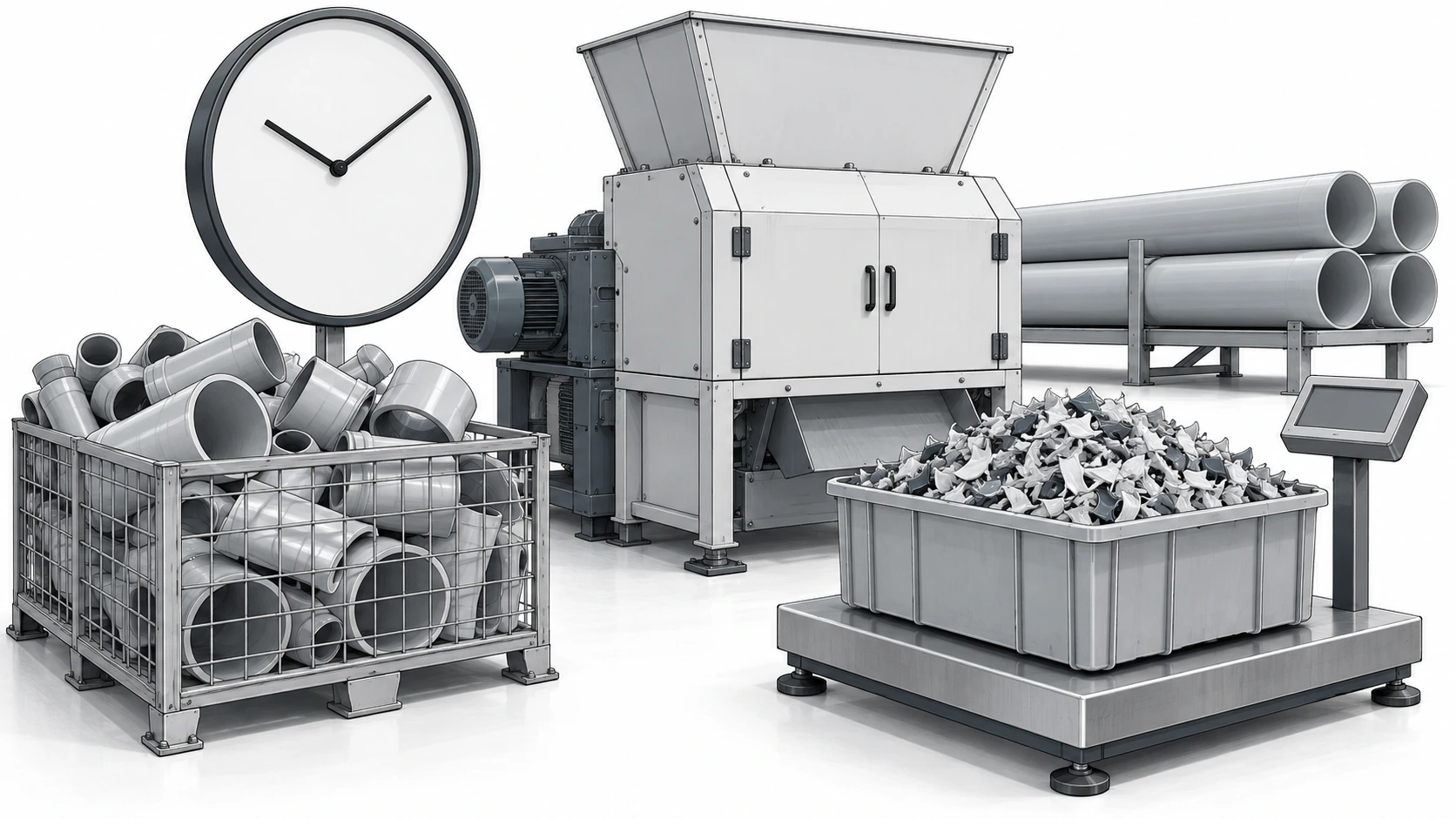Line illustration of pipe preparation, an unmarked clock and shredded material on a scale for evaluating usable output over time