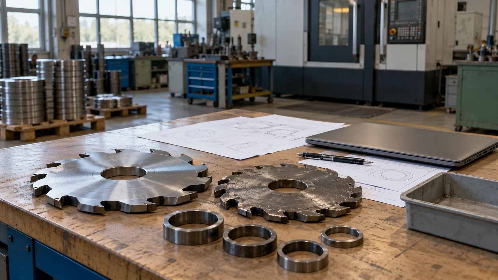 New and worn cutter samples, spacer rings and drawing sheets prepared for a blade inquiry