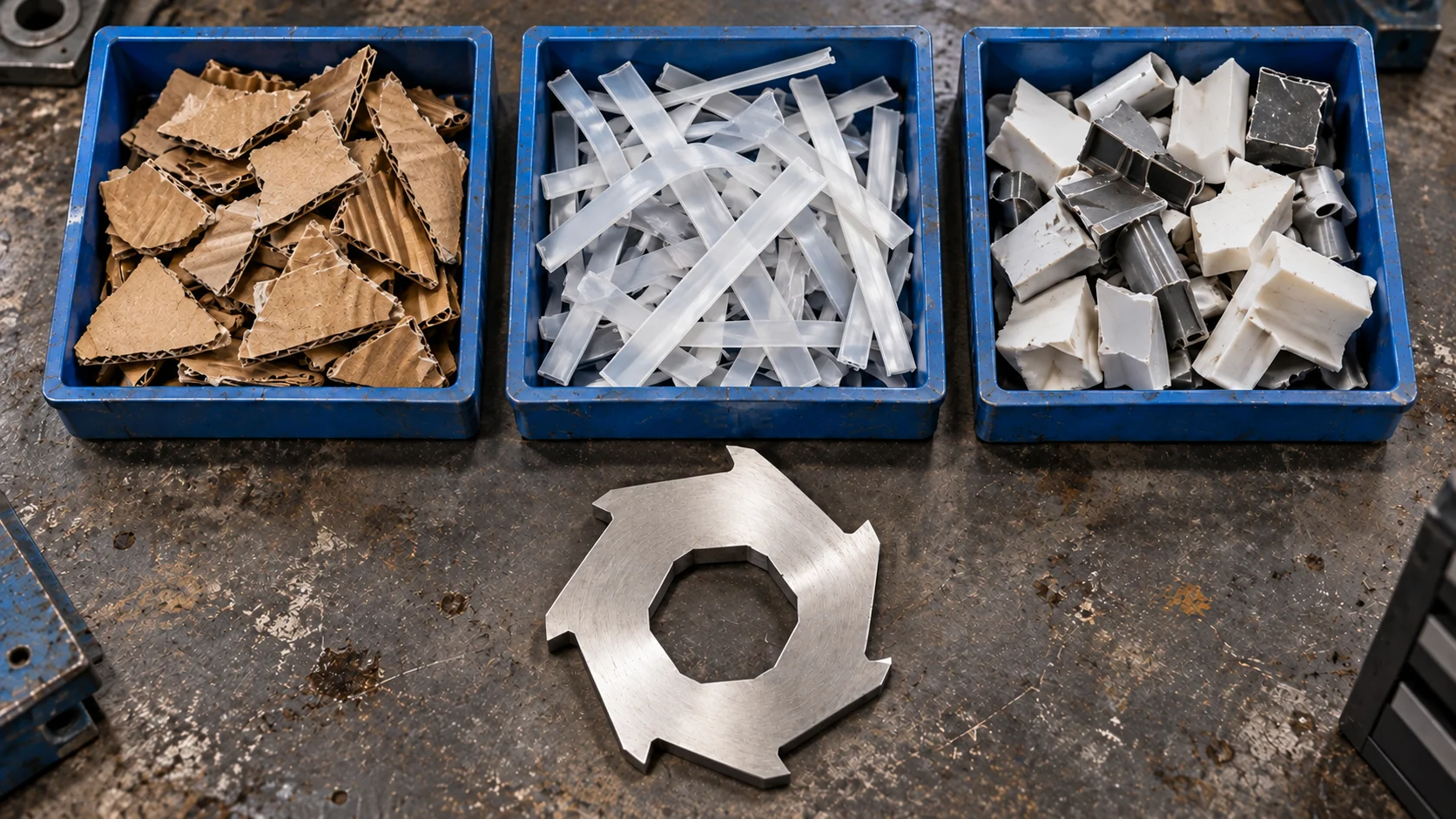 Irregular cardboard pieces, long strips and pale fragments in sample trays