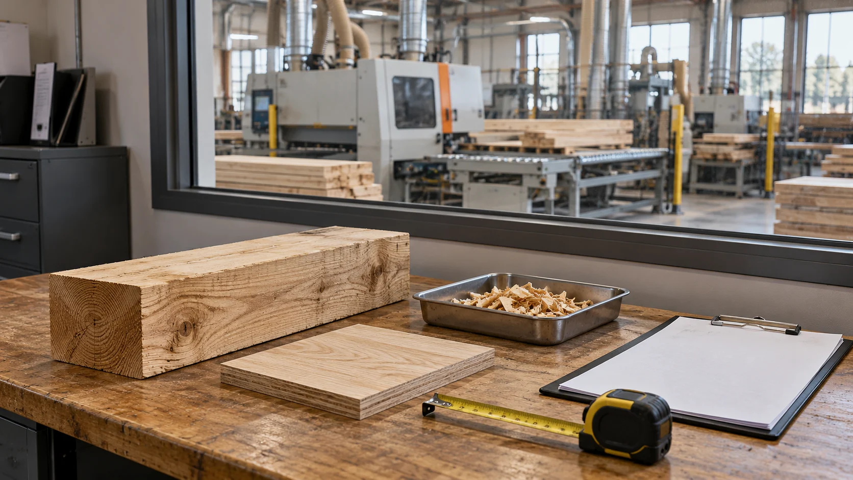 Wood samples, a measuring tape and blank application sheets on a workshop review desk