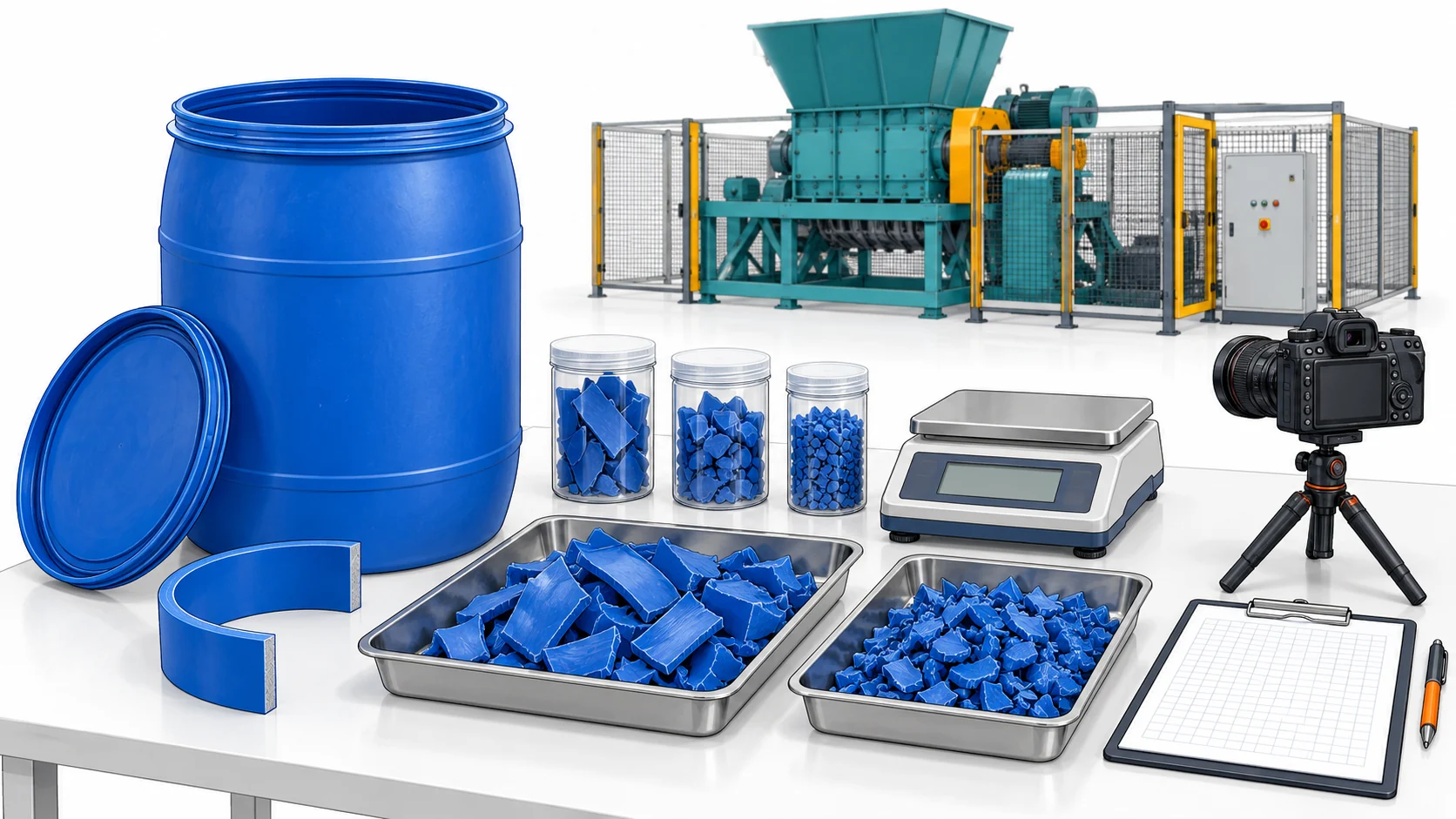 Drum body, rim sample, output trays, scale and camera for recording a representative shredding trial