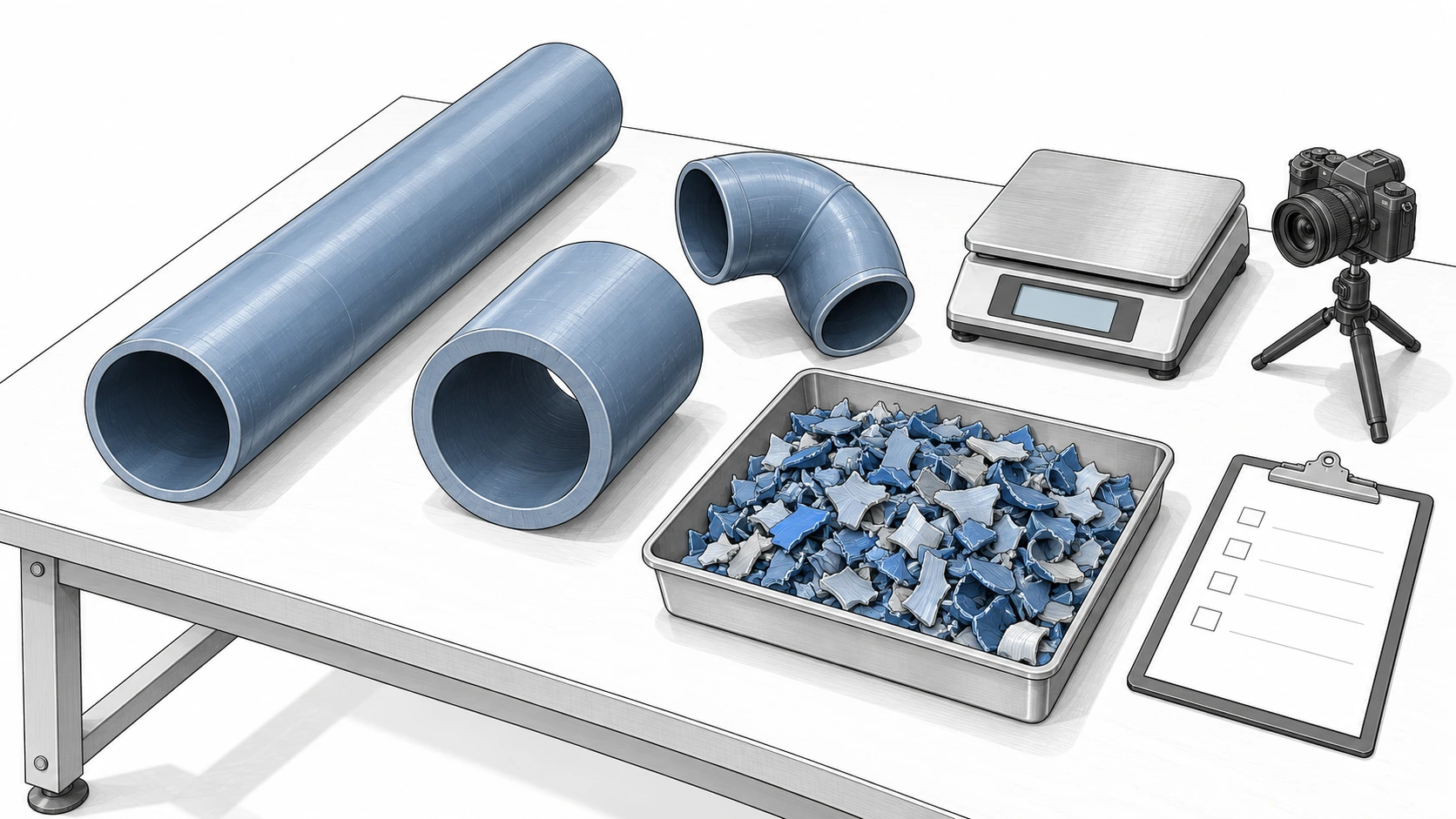 Line illustration of pipe input samples, shredded output, a platform scale, camera and clipboard for recording a material trial