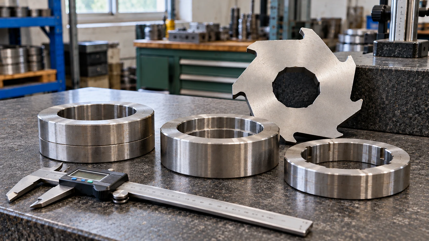 Spacer rings with different widths beside a caliper and cutter