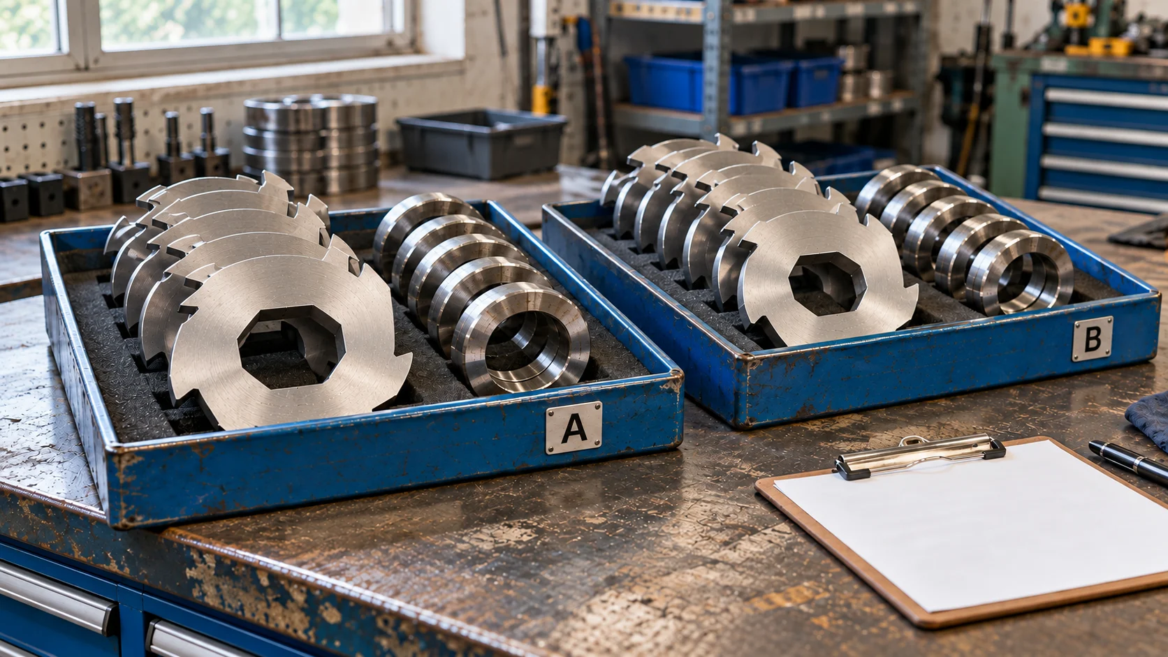 Cutter discs and spacer rings separated into trays marked A and B