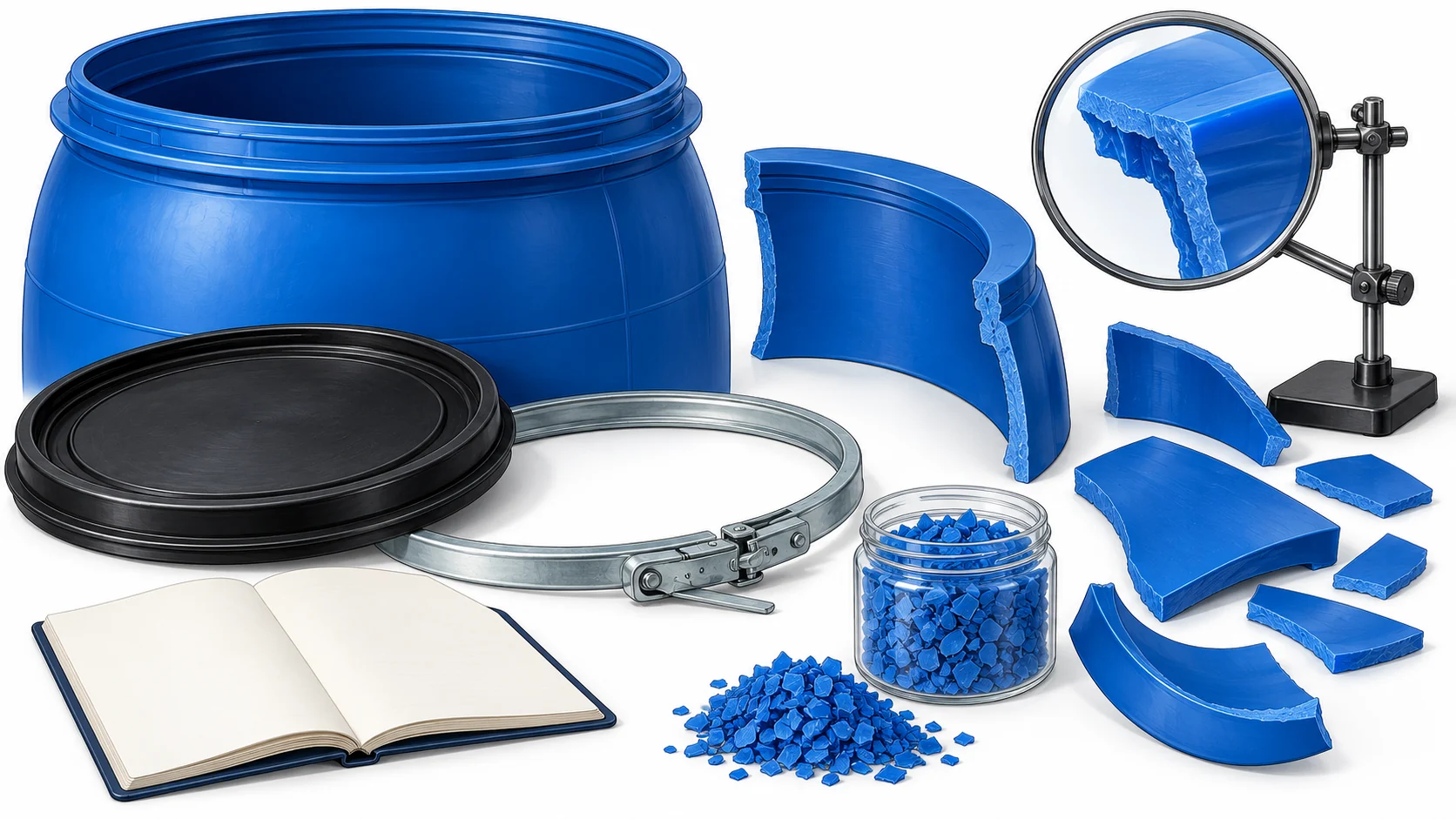 Open plastic drum, detached closing ring, lid and curved fragments with a magnified edge and regrind sample