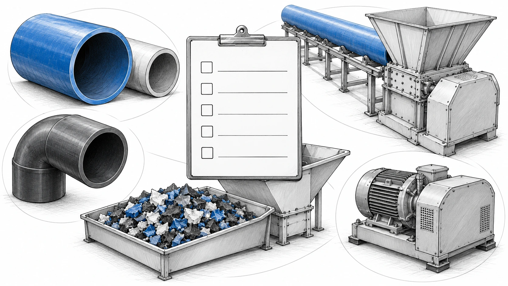 Industrial line illustration of plastic pipe types, a fitting, prepared sections and regrind around a blank checklist