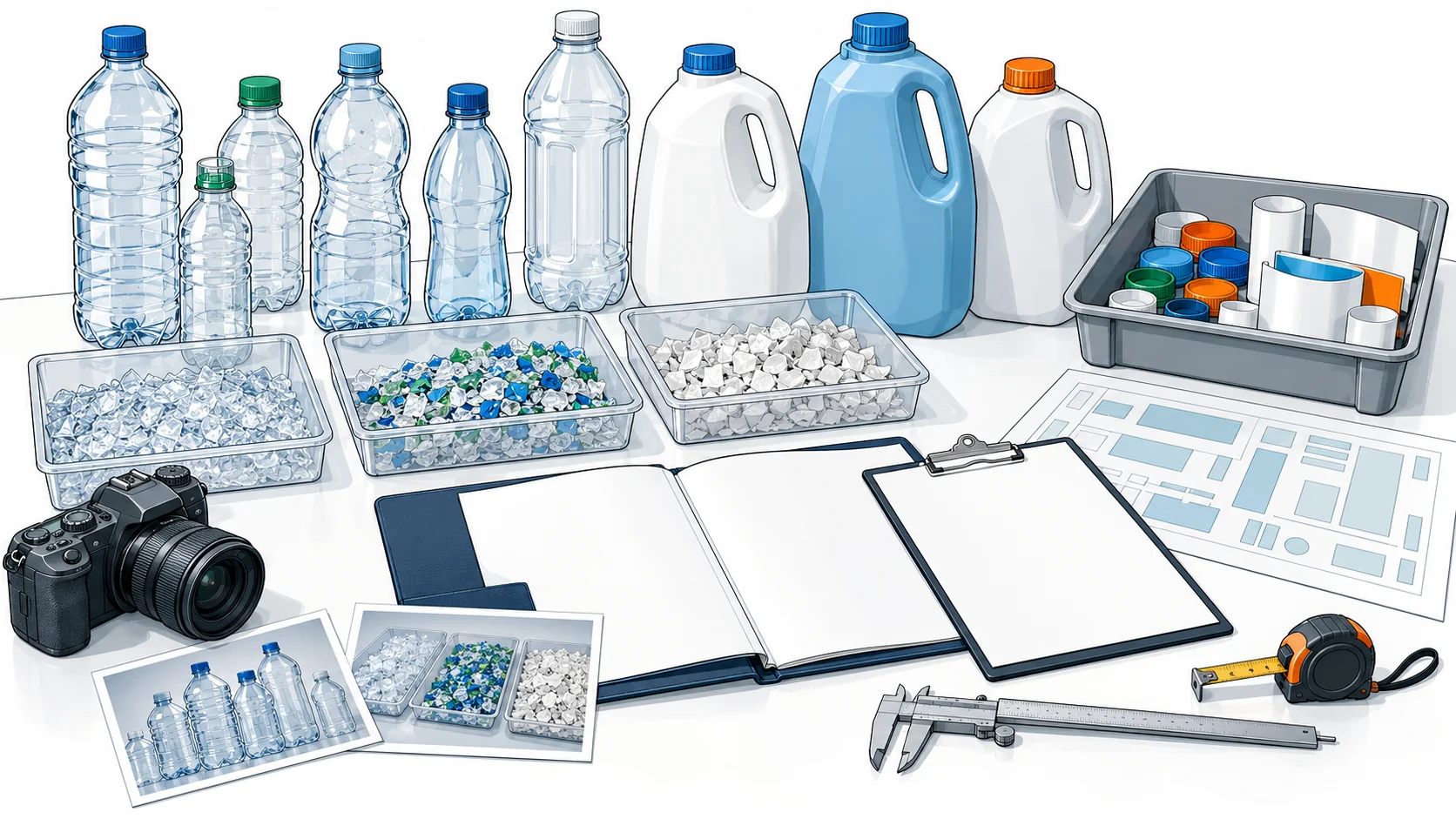 Botellas, muestras de material, fotografías, instrumentos de medición y documentos en blanco para elaborar un informe sobre el procesamiento de botellas