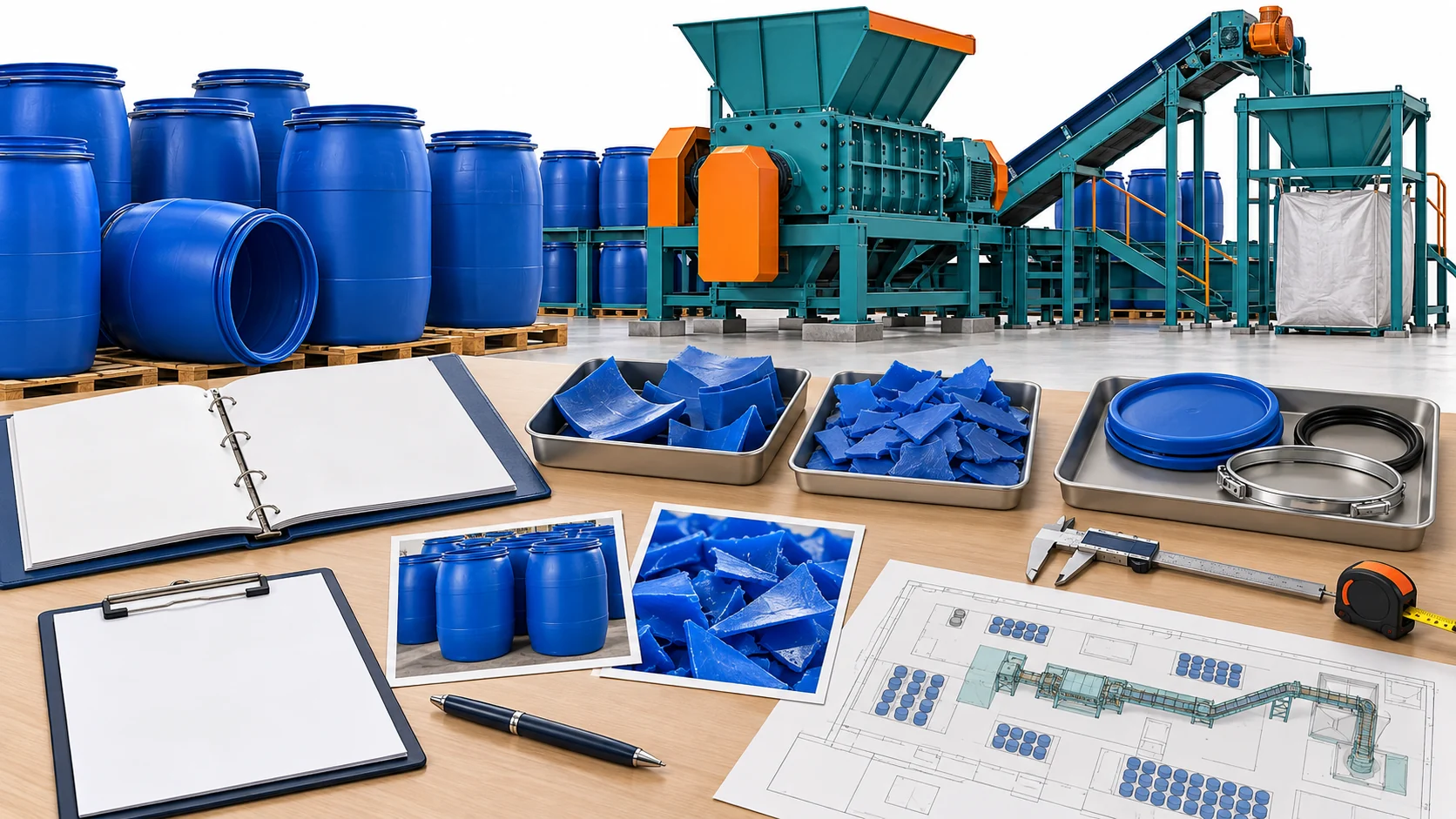 Drum samples, component tray, photographs, measuring tools and planning documents for a drum-processing project