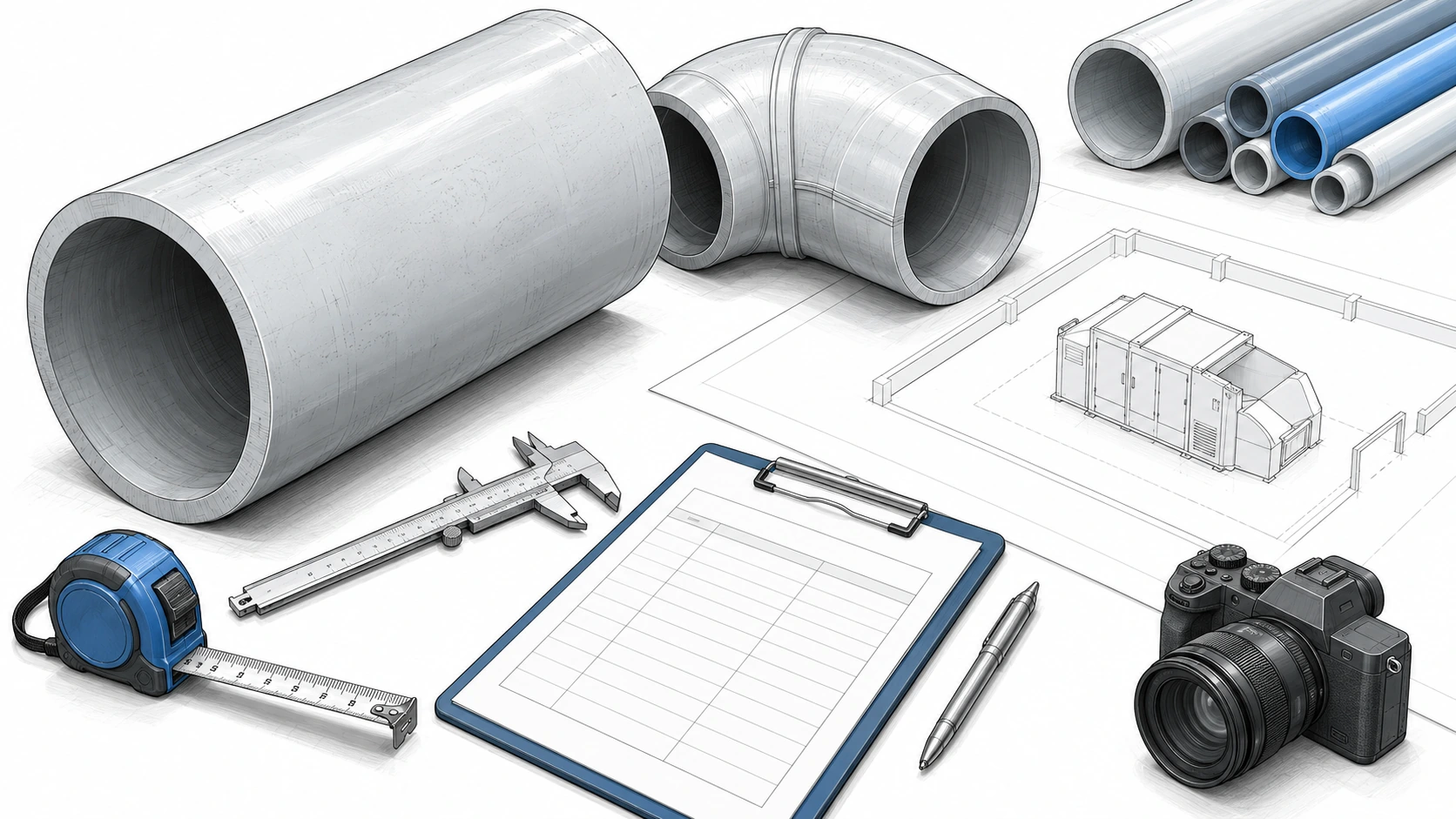 Line illustration of pipe samples, a blank material brief, camera, measuring tools and a layout sheet for planning pipe processing