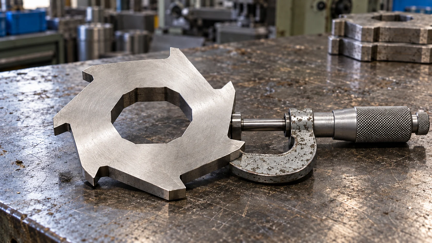 A cutter disc and micrometer in a conceptual inspection setup