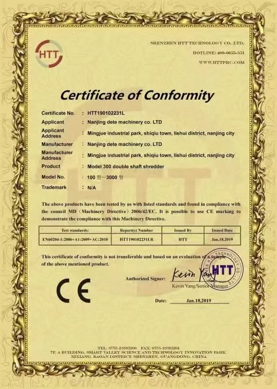 CE Certificate of Conformity for double shaft shredder models 100-3000 - Nanjing Dete machinery - EN 60204-1 safety compliance