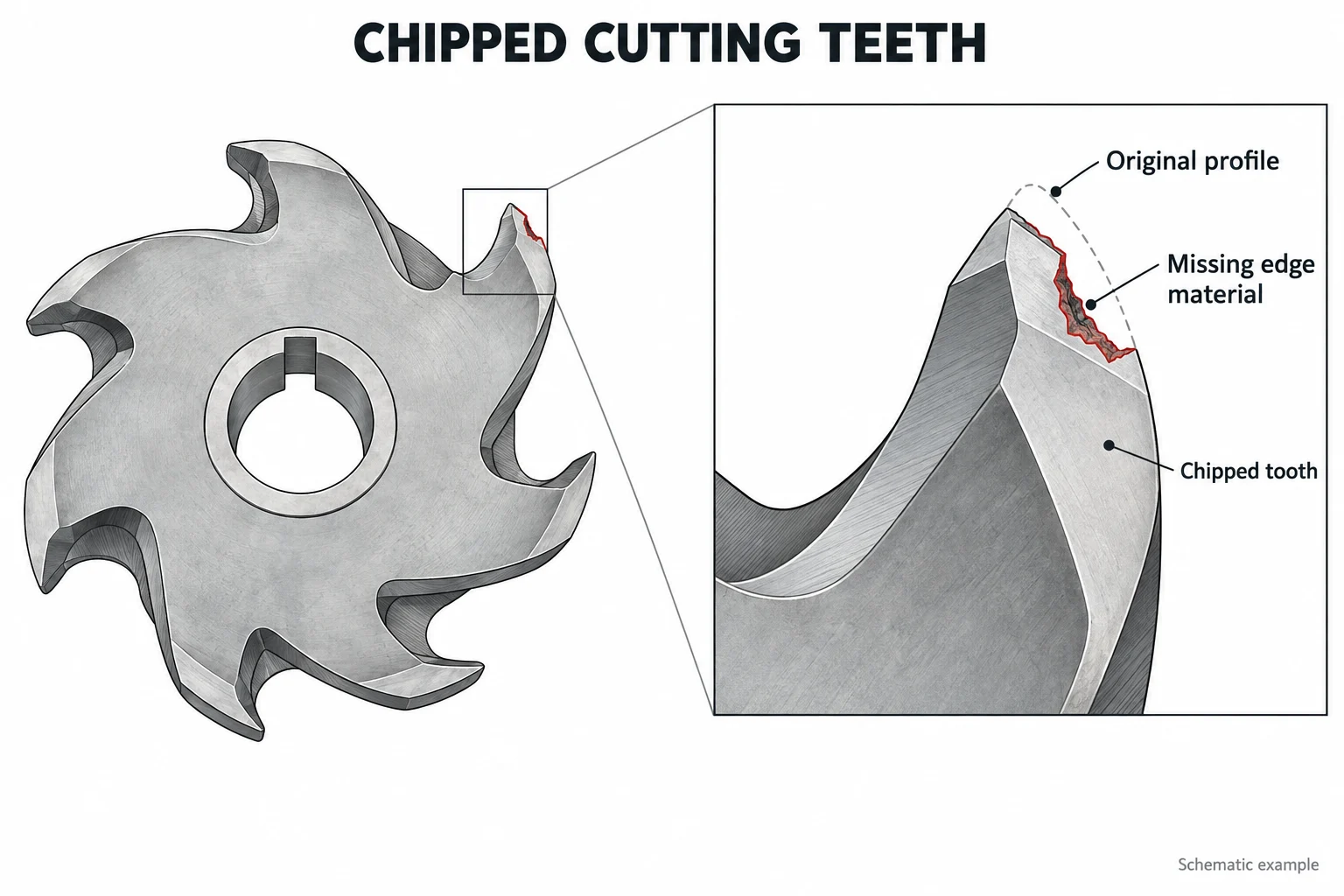 Line diagram of a chipped shredder blade cutting tooth caused by hard foreign object impact