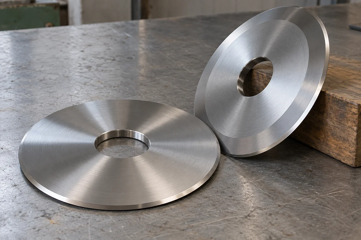 Circular slitter blades showing smooth cutting rims and central mounting bores, illustrative view